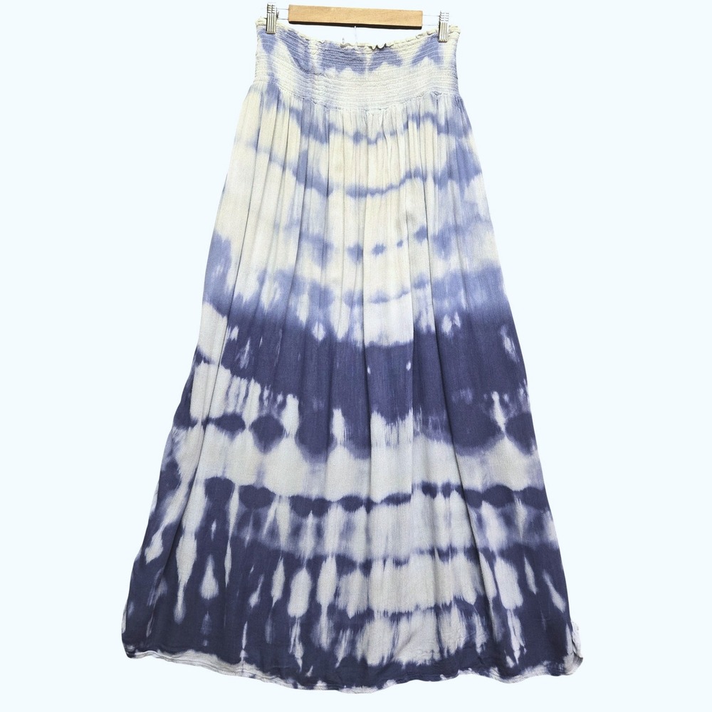 Ana & Rose Womens Blue White Tie Dye Smocked Waist Maxi Skirt Boho Festival XL